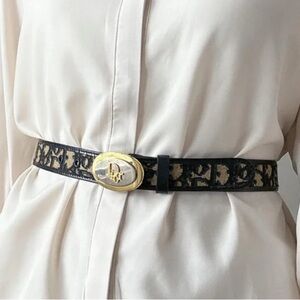 DIOR Belt w/ Gold & Silver Dior Buckle & Blue Oblique Jacquard Print sz 70